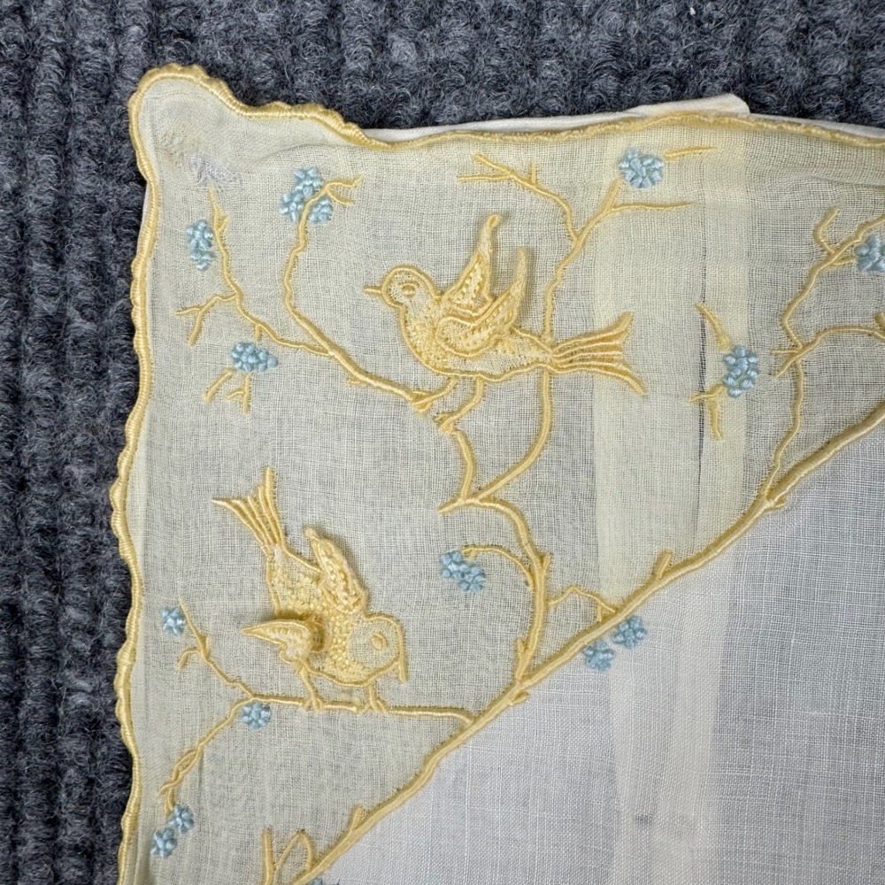 Vtg 1930s Baby Pillow Sham Embroidered Birds Flowers Boudoir Linen 15x11